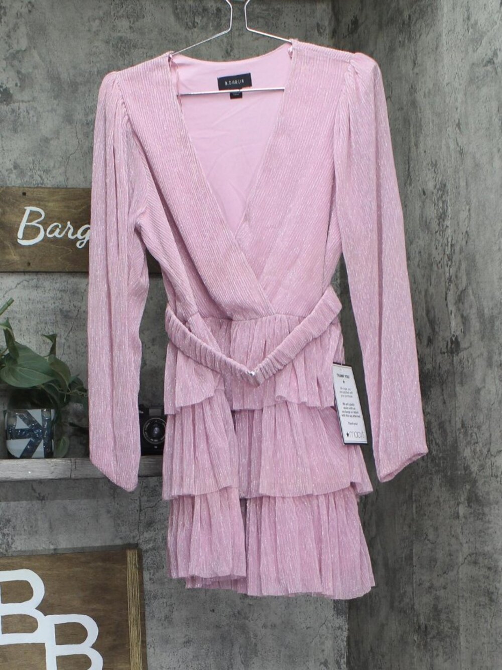 B. Darlin Pink B Darlin Juniors Metallic V Neck Belted Dress 914Z740